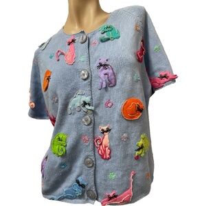Vintage Blue Cotton Knit Cardigan Sweater w Beaded Felt Cats